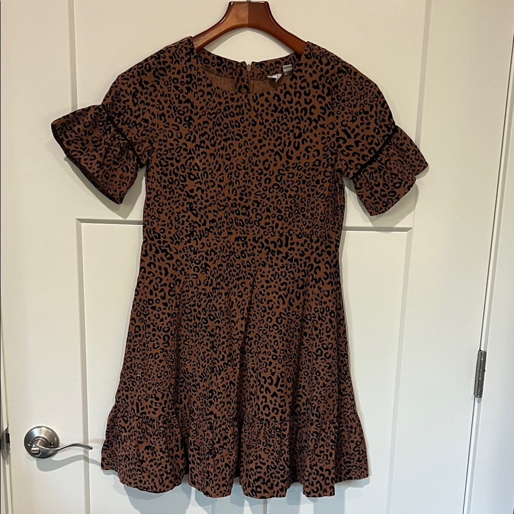 GAP Kids Corduroy Brown Leopard Print Short Sleeve Dress Sz XL/12